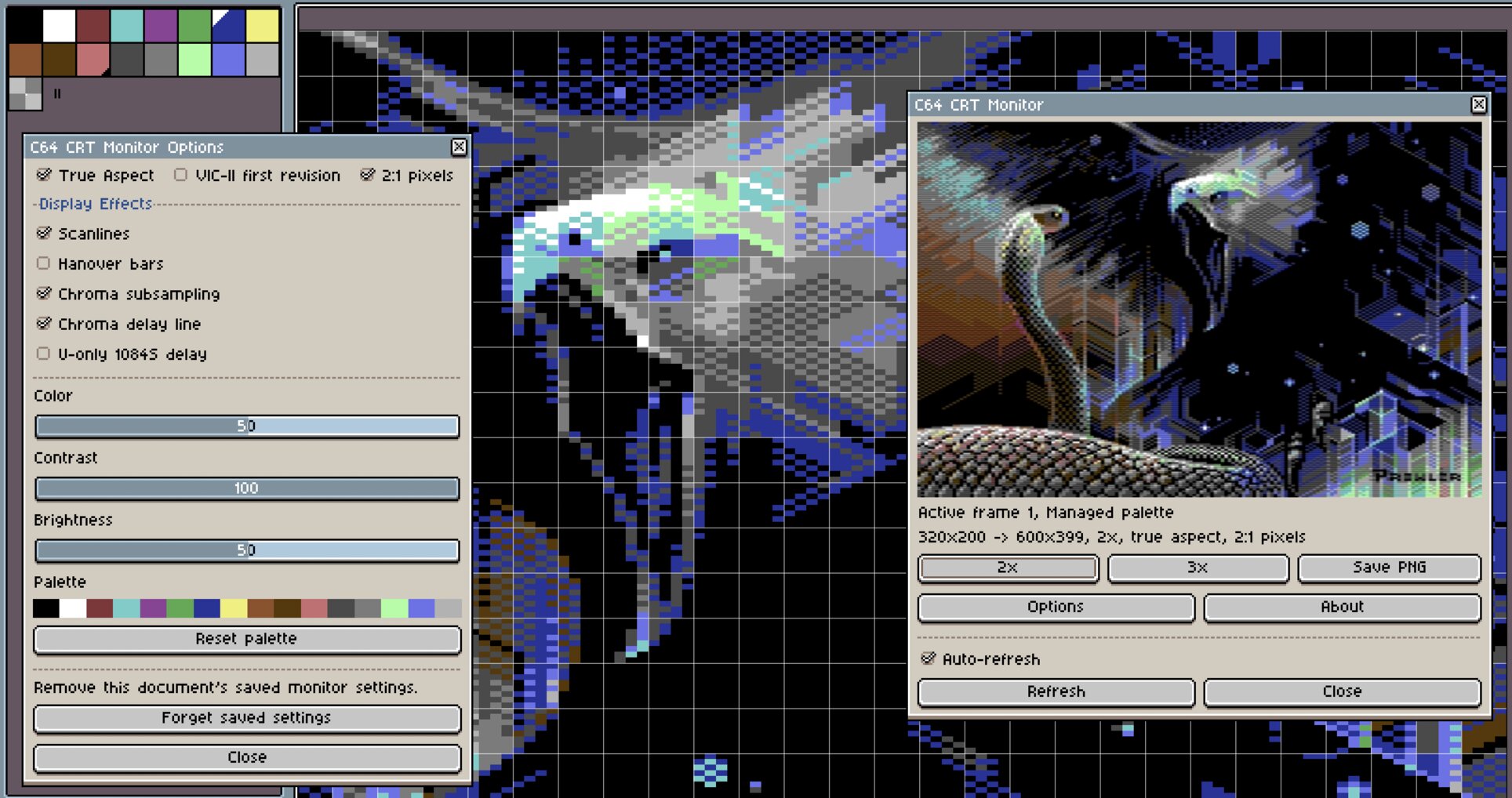 C64 CRT Monitor preview with its calibration options open in Aseprite