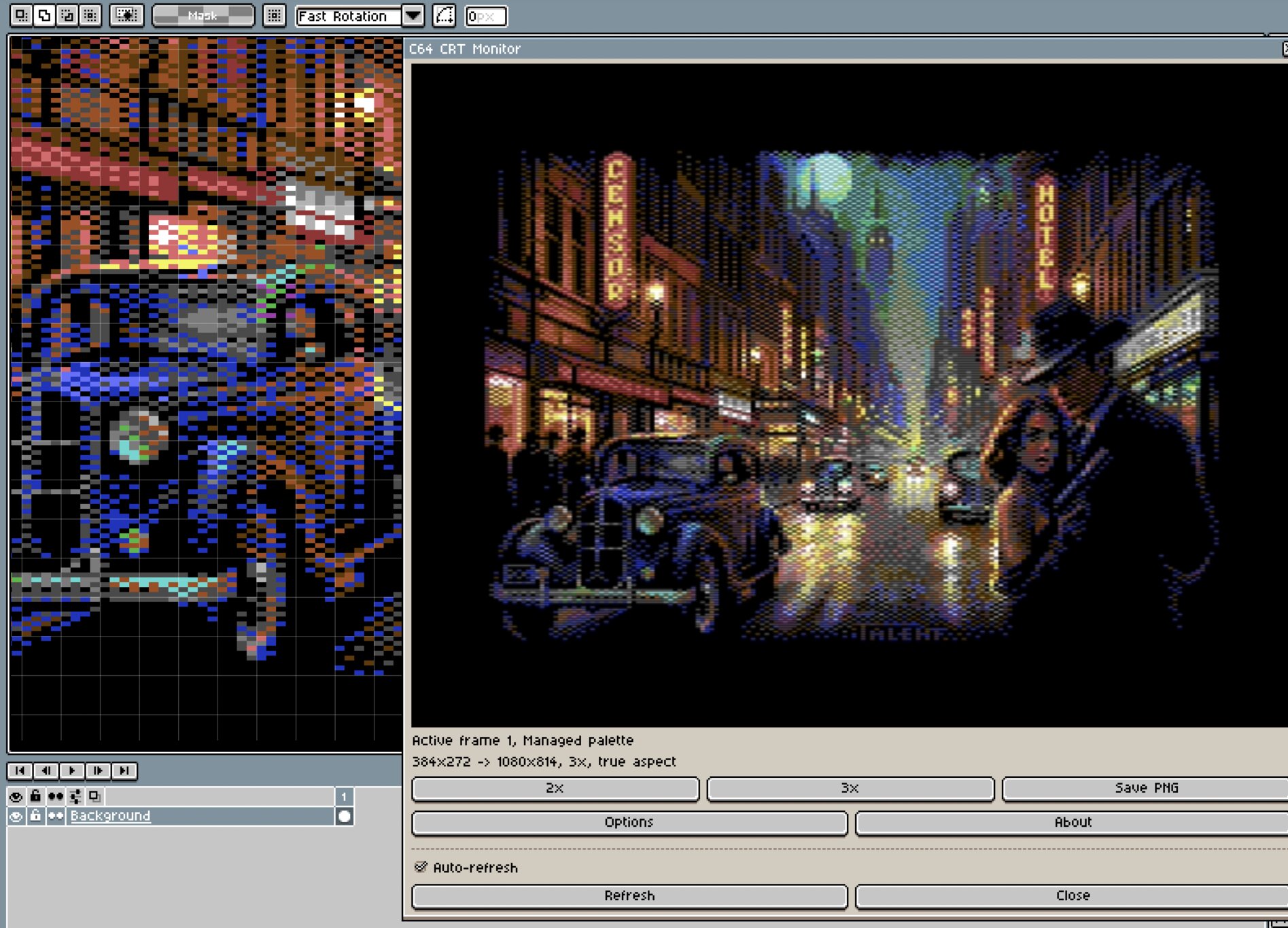 Aseprite canvas alongside the C64 CRT Monitor preview