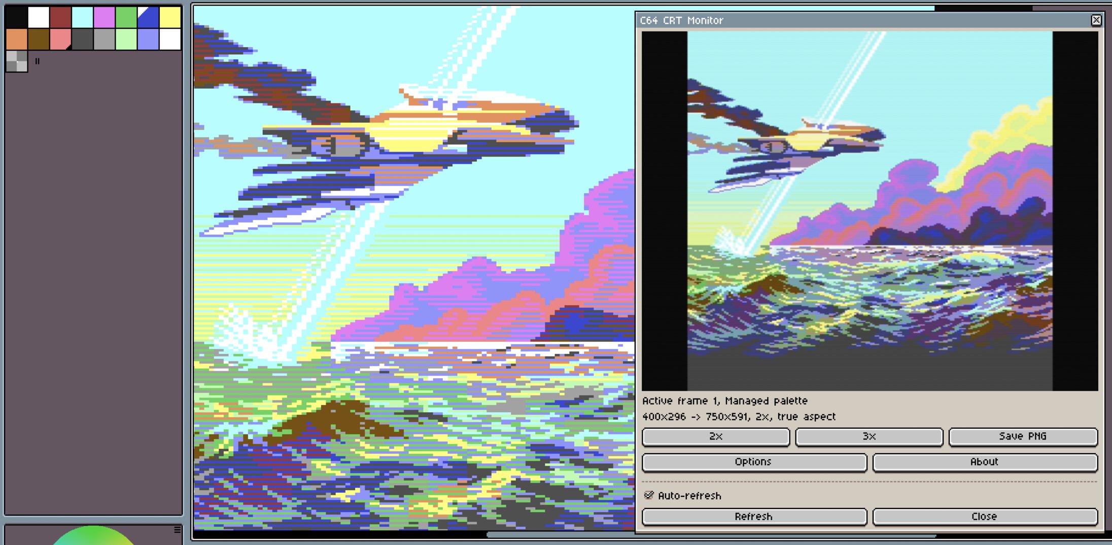 C64 CRT Monitor preview beside an Aseprite artwork with an original palette